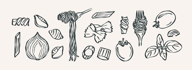 Hand drawn italian pasta ingredients illustration