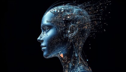 Obraz premium Digital Woman AI Head Profile, Glowing Circuitry, Abstract Concept, 3D Render, AI, Artificial Intelligence AI, Cybernetics