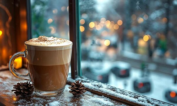 Cozy winter scene featuring a latte by the window with snow and festive lights outside