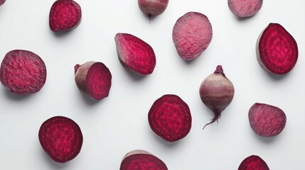 Beetroot slices scattered on white background