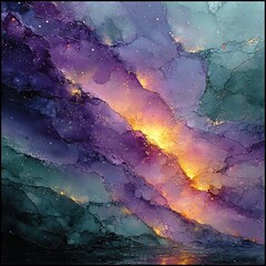 Naklejka premium Abstract painting featuring swirling colors of purple orange and green.