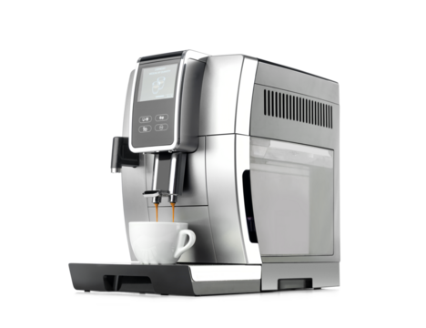Modern automatic coffee machine with digital display brews double espresso into white cup, isolated on a transparent background PNG.