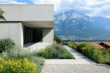 high resolution picture of beautiful modern house in cement view from the garden