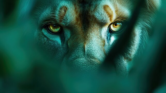 Majestic lion observing its surroundings dense jungle foliage wildlife photography natural habitat close-up perspective