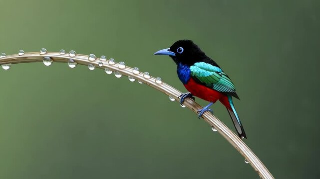 Paradise Tanager Perching Gracefully on Pale Curved Reed with Droplets after Rain

