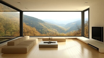 modern living room with panoramic view of autumn landscape offering a serene and luxurious retreat embracing nature's beauty and minimalist design