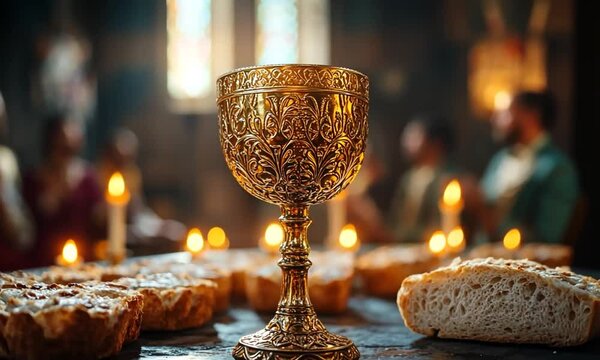 Ornate golden chalice surrounded by bread loaves and candles in a dimly lit medieval setting