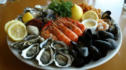 Luxurious seafood platter with fresh oysters, prawns, mussels, and zesty lemons