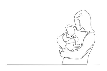 Happy mother and baby in continuous one line drawing. Single line art illustration of mother and child. Editable vector.
