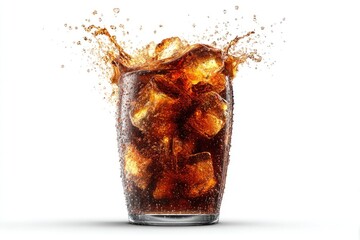 Sparkling cola with ice in a glass, splashing outward.