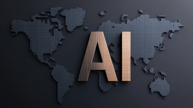 The word "AI" in the center of the image with a world map background symbolizes that whoever controls data, technology, and AI controls the world. Power of data.