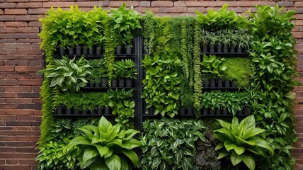 Modern Vertical Garden on Brick Wall with Lush Green Foliage