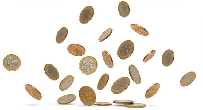 Falling euro coins on a white background with some coins stacked at the bottom of the frame