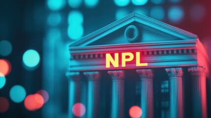 The word "NPL" with a bank in the background symbolizes the continuous rise of formal and informal debt. Economic problems and the impact of non-performing loans. Financial crisis.