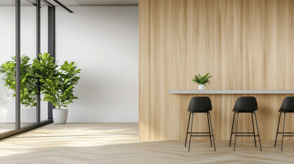 modern minimalist office space featuring wooden wall, sleek bar stools, and lush indoor plants, creating serene atmosphere