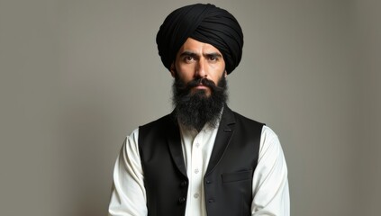 Fototapeta premium A handsome young man with a dark beard and a hood shows a serious expression