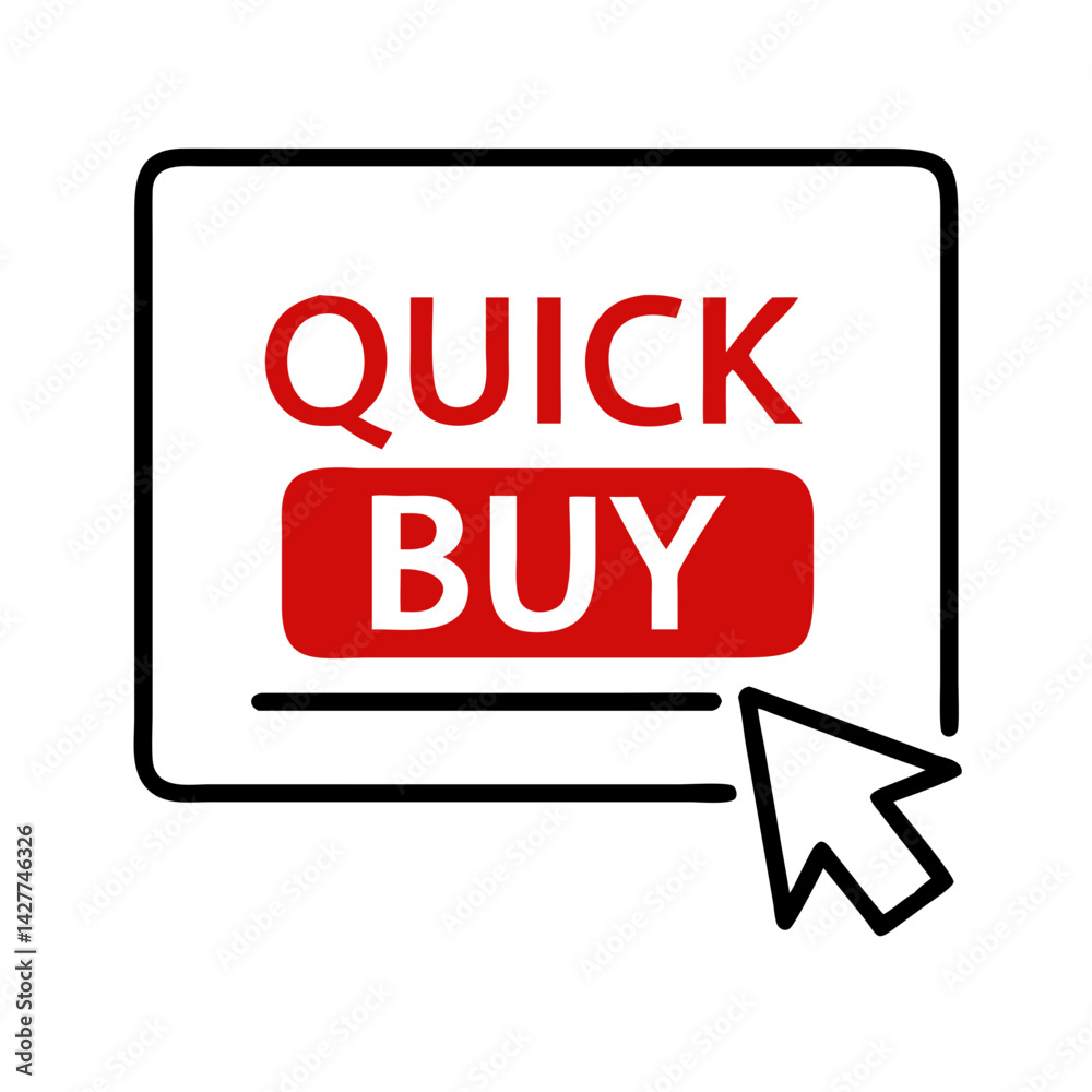 Poster quick buy button icon with red label and cursor in flat style