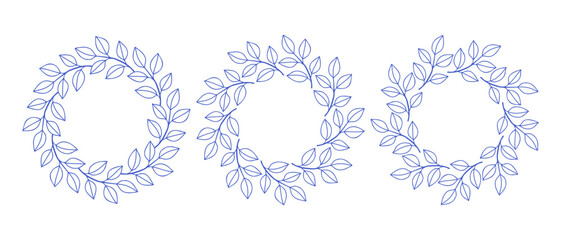 Mediterranean blue branches circle frame set. Hand drawn round line border, leaves and flowers, wedding invitation and cards, logo design and posters template. Elegant minimal style floral set