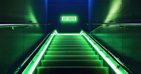 Neon lit stairwell with exit route sign glowing in green deep navy and bright silver symbolizing emergency escape routes