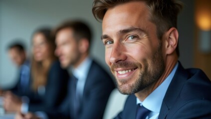 Smiling businessman working on laptop computer in the office