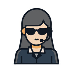 Female security officer with headset in flat cartoon illustration