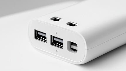 High-quality Image of a White USB Power Bank with Multiple Ports