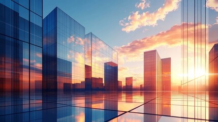 Sunset Metropolis Glass Skyscrapers Reflecting Golden Hour, Cityscape Architecture, 3D Render, Urban Development skyscraper, cityscape