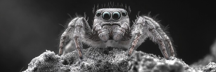 close-up of a jumping spiders with large eyes on rocky surface for macro nature photography