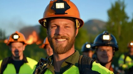 Mining Team:  A team of smiling miners wearing safety helmets and reflective vests. The photo captures a moment of camaraderie among colleagues.