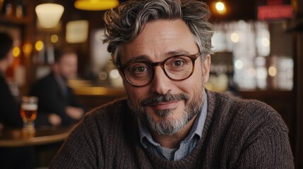 Fototapeta premium consultation client business meeting cafe concept. Warm portrait of a smiling man in a cozy bar setting.