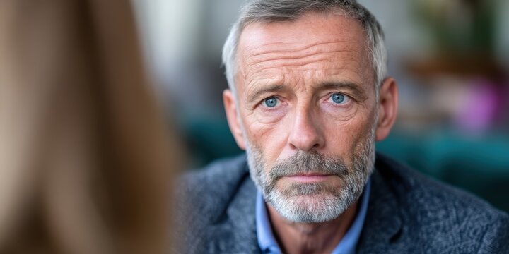 consultation client business meeting cafe concept. Intense gaze of an older man with a beard during a conversation.