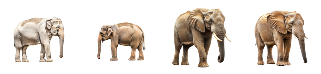 Fototapeta premium Four elephants standing, black background, cut out transparent