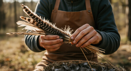 Person holding striped feathers bundle in leather apron while crafting natural materials. Artisan preparing traditional ornamental elements. Cultural heritage preservation