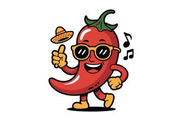 dancing chili pepper wearing sunglasses vector style