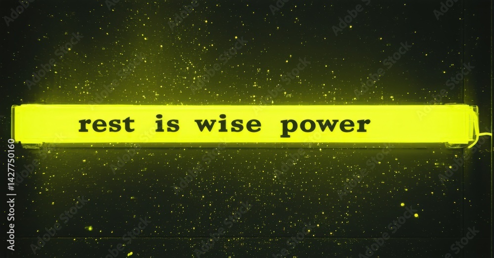 Aufkleber bright yellow rectangle displays text. dark background features scattered golden particles. simple, 