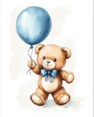 Watercolor Teddy Bear with Balloon Cute Illustration, Digital Painting, Childish Concept, Teddy, Balloon Teddy Bear, Watercolor Painting