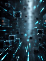 Fototapeta premium Abstract futuristic tunnel with glowing cubes and blue light streaks.