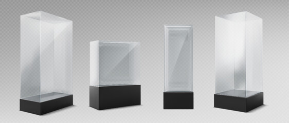 Glass displays set isolated on transparent background. Vector realistic illustration of 3d cube showcase for museum exhibition, gallery equipment, empty store box, plastic stand mockup on black podium