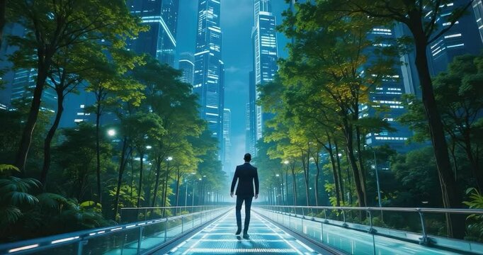 Silhouette of a person walking down a path illuminated by light