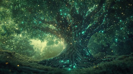 Obraz premium Mystical glowing tree with digital circuits