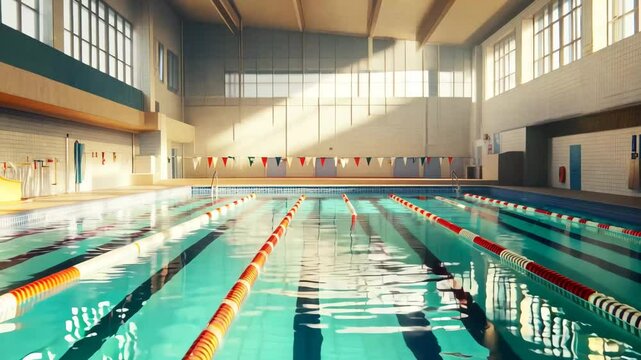 A swimming pool with a blue water and orange and white lane markers. The pool is empty and the sun is shining through the windows