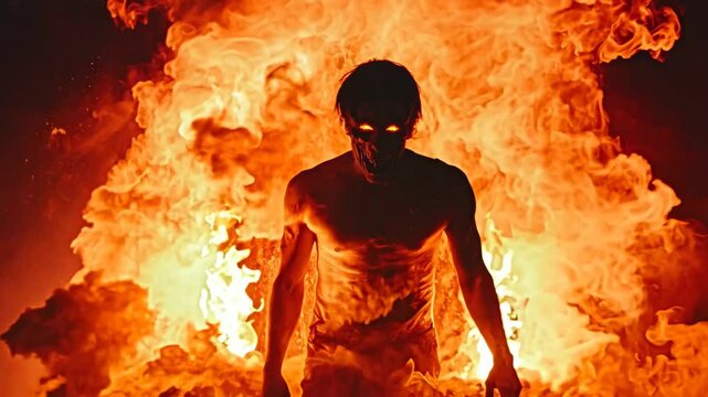 A man is standing in a fire with his eyes glowing red. The fire is orange and the man is wearing a shirtless top
