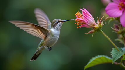 Fototapeta premium Hummingbird flying gracefully with its beak pointed towards a nectar-filled bloom
