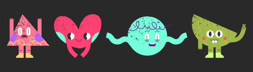 Geometric doodle face emoticons - scared triangle, smiling red heart, shocked circle, green semicircle with funny expression and gesture. Hand drawn flat decorative childish cartoon characters.