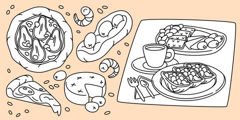 Italian cuisine dishes hand drawn set - pizza and bruschetta, coffee cup on plate, cheese and olives. Black outline doodle dishes for Mediterranean restaurant menu, cafe design or food packaging.