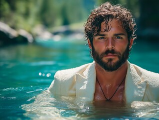 A visually pleasing photo of a 30 year old man with 3 day beard and short curly hair in a full white 1920's 3 piece suit standing in a lake of waist-deep blue water