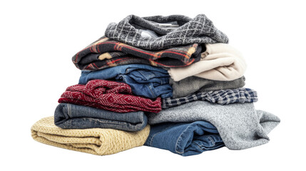 Pile of folded jeans, sweaters, flannels, and other assorted clothing items.
