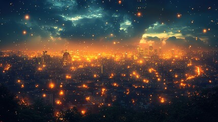 A City of Golden Lights at Twilight, Illuminated by a Celestial
