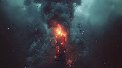 Fototapeta premium Burning Tower Inferno: Dramatic Smoke & Fire
