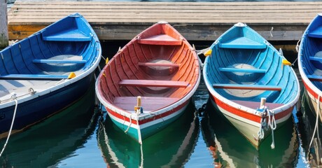 Obraz premium Row of colorful rowboats tied to weathered dock deep navy and bright silver symbolizing adventure and escape
